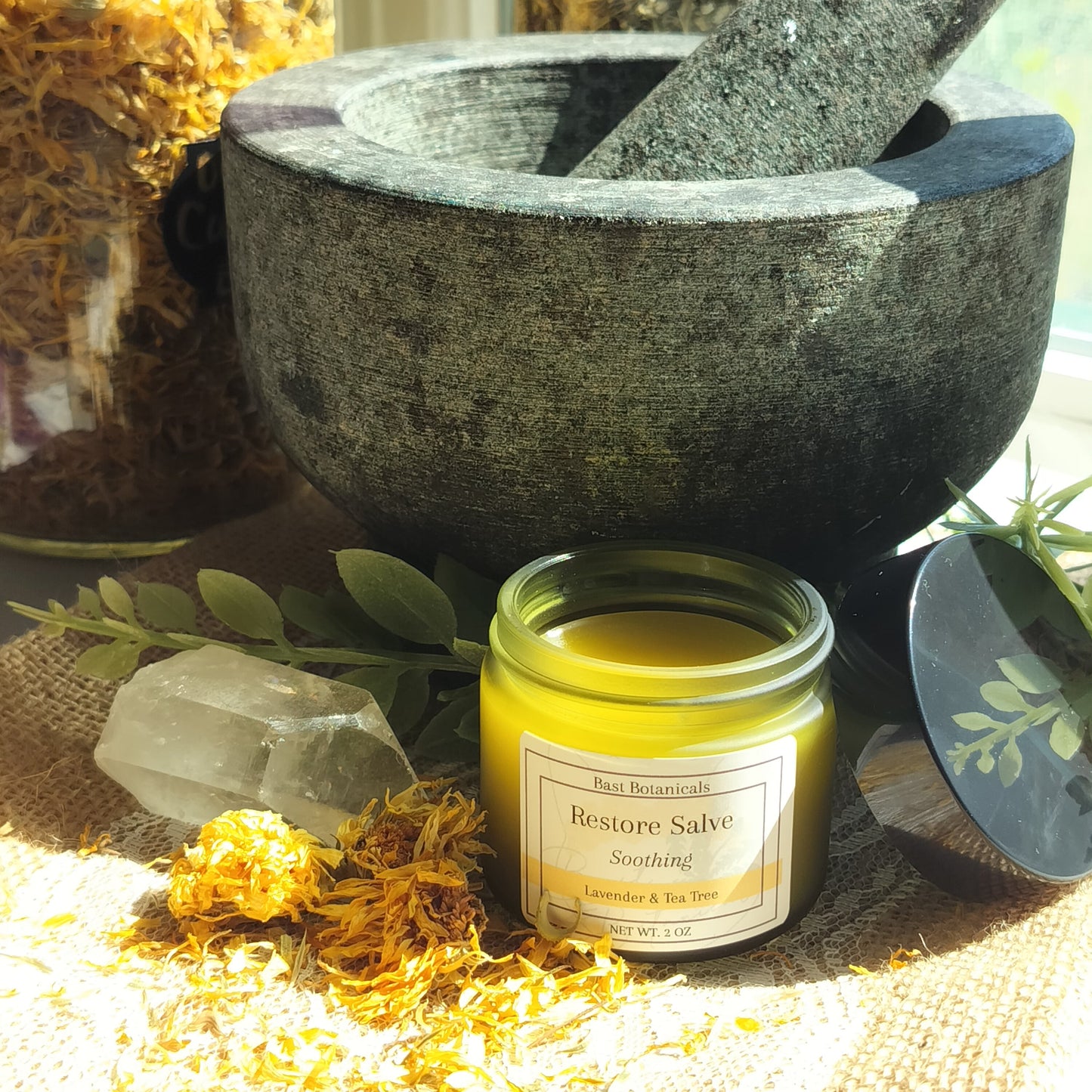 Herbal Healing Salve – 2 oz Frosted Green Glass Jar